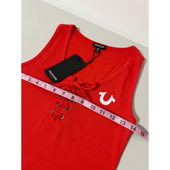 True Religion Red Horseshoe Logo Lace Up Midi Dress Size Small - Picture 5 of 8